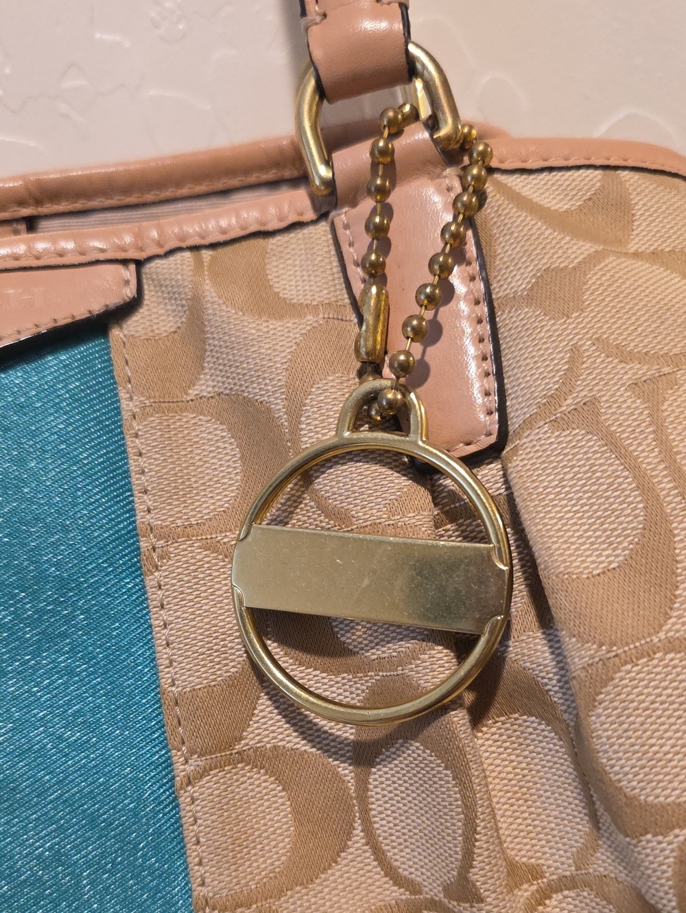 Coach Tan Signature Canvas Tote with Teal Center Stripe - Picture 6 of 16